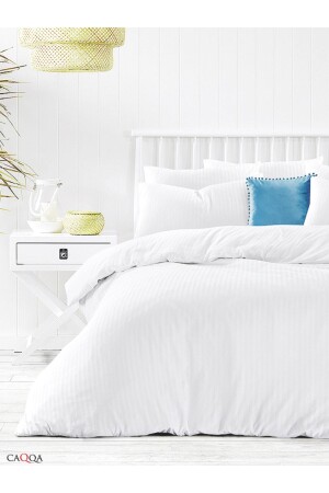 Weiß gestreifte Satin-Bettlaken mit elastischem Doppel-Premium-Hotel-Bettbezug-Set - Caqqa