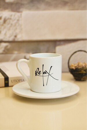 Weiße türkische Kaffeetasse mit Aufdruck „Relax Letter“ he-f-0056 - Hediyexpres