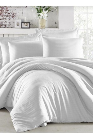 Weißes Satin-Bettbezug-Set, Hotel- und Heimtyp für Doppelbetten, 2 Kissenbezüge und Laken, ohne Gummizug, GESTREIFTES SATIN-Bettbezug-Set - Deneme Zamanı