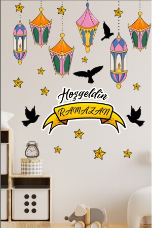 Welcome Ramadan Colorful Lantern Pendant Lamp Birds Decorative Glass Wall Sticker Set - Kt Grup