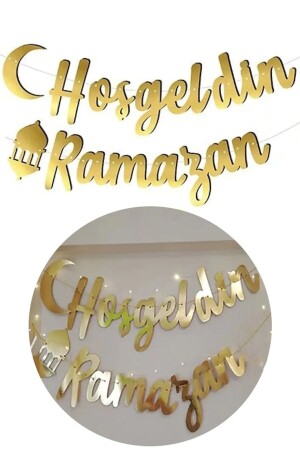Welcome Ramadan Written Calligraphy Banner Gold 200x30cm Ramadan Feast Gold Colored String Ornamental Lettering - Parti Dolabı