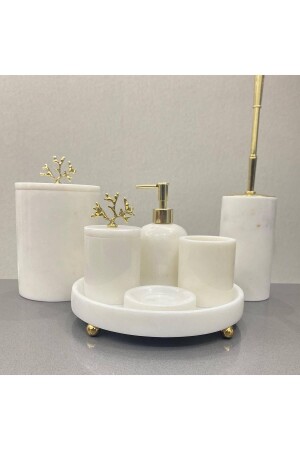 White Afyon Marble Bathroom Set -gold Top Pedestal Coral Accessory Detailed - Saritaş
