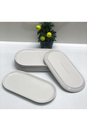 White Beşdok Serving Plate Presentation Set of 6 Bsdk-datça Ceramic Oval BPA Free Modern 6 Pieces Boat Plate - Genel Markalar