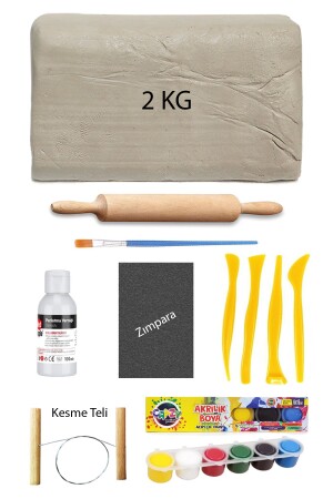 White Ceramic Dough 2 Kg Clay Ebeshuar Set 6x15 ml Acrylic Set 100 Cc Varnish Wooden Roller Sandpaper - Acuto