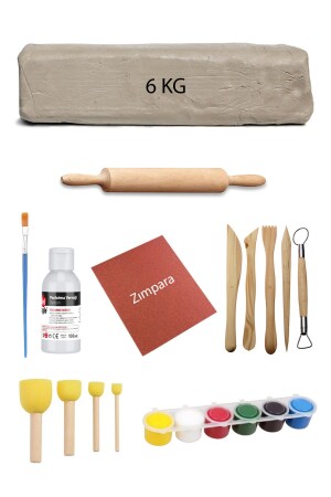White Ceramic Dough 6 Kg Clay Ebeshuar Set 6x15 ml Acrylic Set 100 ml Varnish Wooden Roller Sandpaper Acuto-SeramikSet1-HobiYenze - ACUTO