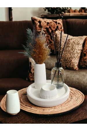 White Color Special Design Soft Scented and Striped Candle Holder - Accessory Set with Striped Vase and Stand - Havalı Tasarım