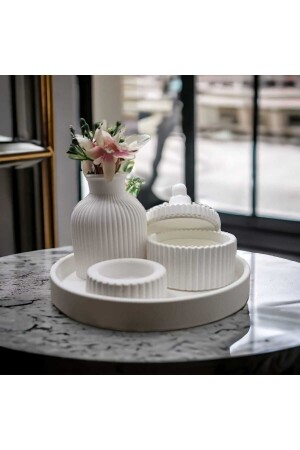 White Color Special Design Vase Oval Tray / Candle in Box and Tealight Candle Holder Decoration Set New Year - Hkm Hobim