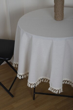 White Cotton Linen Round Raw Pompom Tablecloth - Ndc Home
