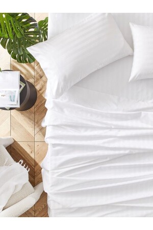 White Cotton Striped Satin Elastic Sheet Set + Pillow Case - Caqqa