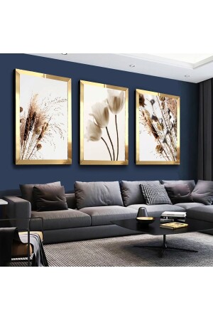 White Flower Gold Plexiglass Edge 3 Piece MDF Painting Set - Zevahir Mobilya Dekorasyon