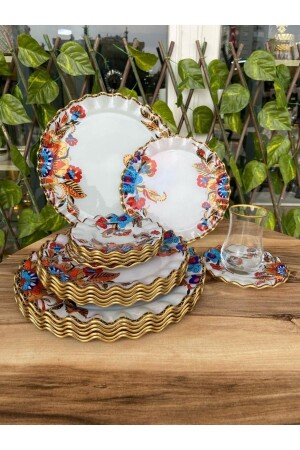 White flower model gold 24 piece breakfast set. - Gürcüglass