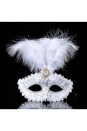 White Lace Embroidered White Feather Prom Party Mask 17x20 cm - Genel Markalar