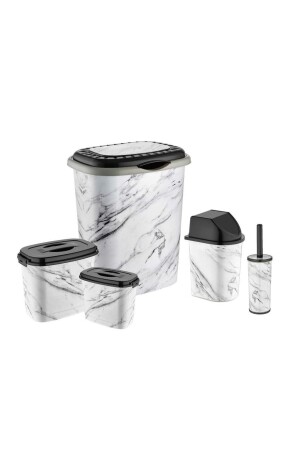 White Marble Pattern 5 Piece Bathroom Laundry Set Dirty Basket + detergent, WC Brush Trash Can abn-2106220152 - abnturk