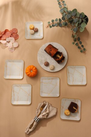 White Marble Square Cake Plate 18 Cm 6 Pieces. White Marble square cake. - GÜRCÜGLASS