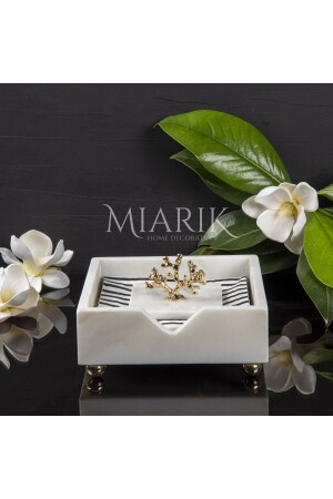 White Marble Square Napkin Holder with Gold Coral Detail - MIARIK DESIGN & DEKORASYON