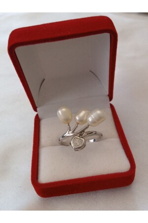 White Real Pearl Ring Heart Shaped Diamonds Decorated Body of the Ring Rhodium(08) - Shisa Jewel
