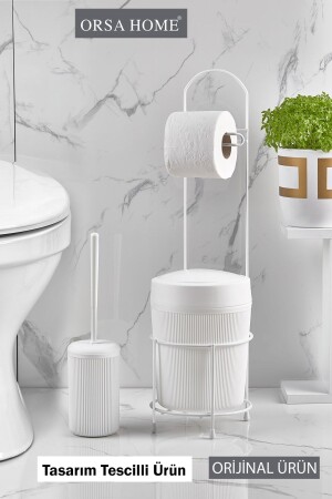 White Round Bucket Wc Paper Holder and Toilet Brush Set 390 - Orsa Home