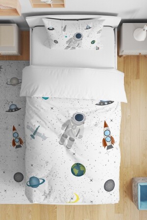White Space Little Astronaut Patterned Single Baby Kids Duvet Cover Set - Evpanya