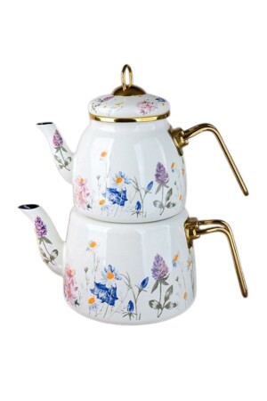 White Spring Patterned Enamel Teapot Set, White Gold Handle Enamel Teapot Set dop14187386igo - PORLİSTAN