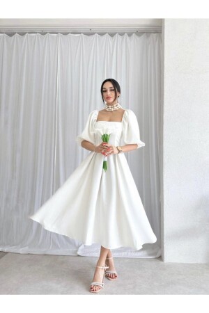 White Square Neck Pleated Midi Dress - Afiş Butik