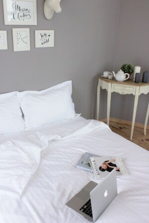 White Striped King Size Cotton Satin Duvet Cover Set bilgiliwhite - METİNEV