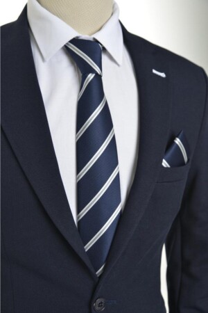 White Striped Navy Blue Handkerchief Tie MKBY-4 - Brianze