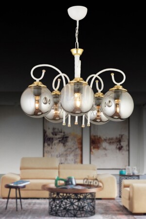 White Tower 5-Piece Smoked Globe Glass Downward Facing Luxury Chandelier 78453 - KARDELEN AYDINLATMA AVİZE