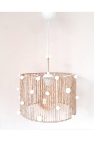 Wicker Rope Wrapped Ecru Pompom Baby and Children's Room Pendant Lamp Chandelier 066VZ - C&A