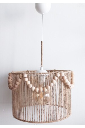 Wicker Rope Wrapped Wooden Beaded Design Pendant Lamp Chandelier 216VZ - C&A