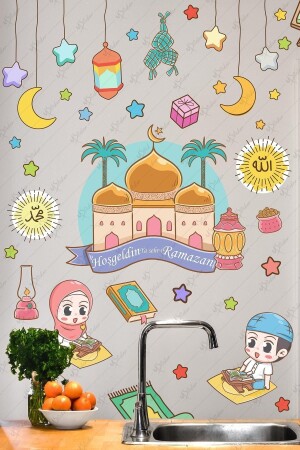 Willkommen Ramadan-Moschee und bunte Ramadan-Monatsfiguren Glas-Wandaufkleber-Set Ramadan-Dekorationen 60 x 65 - MSticker