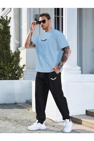 Wings Baby Blue T-shirt Black Tracksuit Bottom Jogger- Print Bottom Top Tracksuit Set Oversize Crew Neck - Clayes