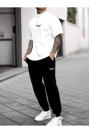 Wings Bebe Mavi T-shirt Siyah Eşofman Alt Jogger- Baskı Alt Üst Eşofman Takım Oversize Bisiklet Yaka - Aynewmoda