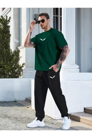 Wings Green T-shirt Black Sweatpants Jogger- Printed Bottom Top Tracksuit Set Oversize Crew Neck - Clayes