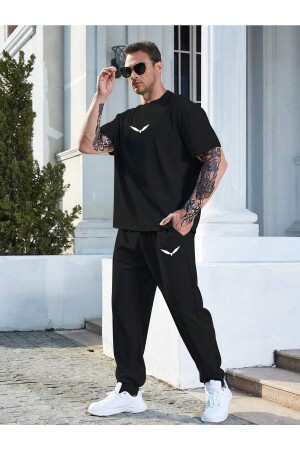 Wings T-shirt Eşofman Altı Jogger- Siyah Baskılı Alt Üst Eşofman Takım Oversize Bisiklet Yaka - Clayes