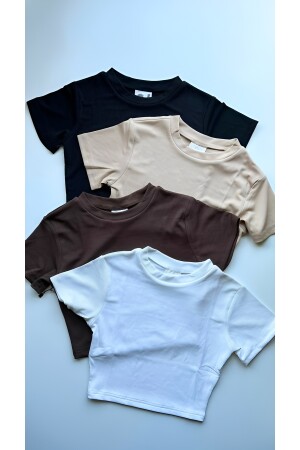 Women's 4-Piece Black Ribbed Crew Neck Camisole Crop T-SHIRT - Öz Pamuk