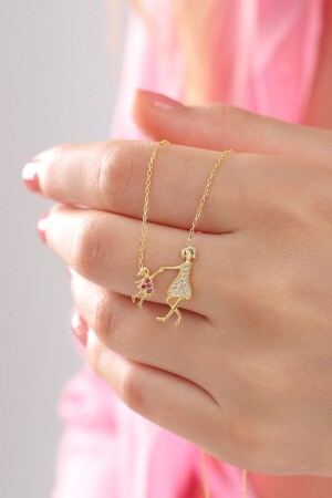 Women's 925 Sterling Silver Chain Gold Plated White Zircon Stone Mother Child Love Necklace MOM00011 - Bilsen Store