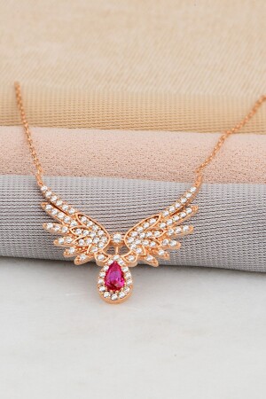 Women's 925 Sterling Silver Chain Rose Plated Angel Wings Ruby Red Drop Stone Necklace Ssedat005 - Bilsen Store