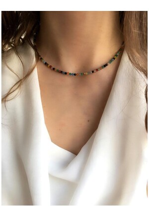 Women's 925 Sterling Silver Patented Fine Colored Agate Natural Stone Necklace (2mm) DKA567 - Serline Desing