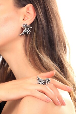 Women's Antique Silver Plated Adjustable Glass Ring & Studded Model Earring Set - Labalaba
