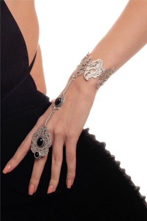 Women's Antique Silver Plated Black Beaded Ethnic Motif Adjustable Chain Hand Basilisk - Labalaba