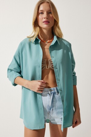 Women's Aqua Green Oversize Long Basic Shirt DD00842 - Happiness İstanbul