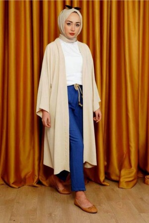 Women's Beige Ayrobin Belted Kimono plain kimono - CNG MODA
