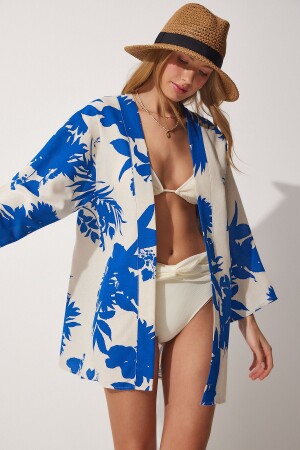 Women's Beige Blue Patterned Linen Viscose Kimono BH00381 - Happiness İstanbul