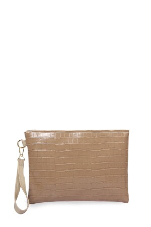 Women's Beige Crocodile Patterned Hand Strap Portfolio Clutch Bag - Bagfoni