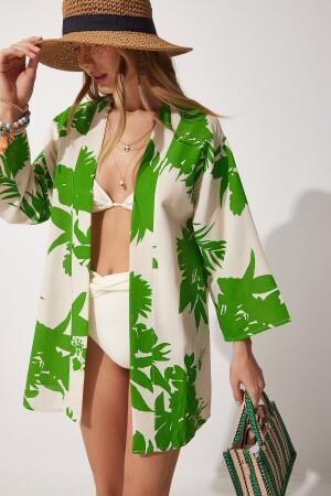 Women's Beige Green Patterned Linen Viscose Kimono BH00381 - Happiness İstanbul