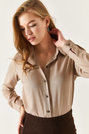 Women's Beige Long Sleeve Plain Shirt ARM-18Y001176 - Armonika