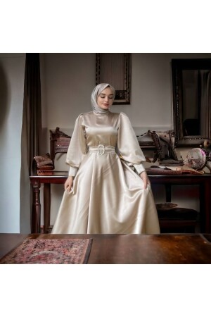 Women's Beige Satin Belted Bellae Dress - Perado