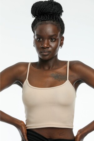 Women's Beige Scuba Fabric Rope Strap Crop Top - The Base