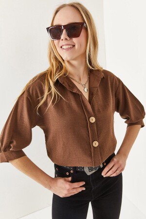 Women's Bitter Brown Wooden Button Three Quarter Sleeve Linen Shirt GML-19001095 - Olalook
