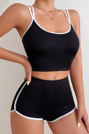 Women's Black and White Cross Elastic Detailed Camisole Shorts Nightgown Set - Imoda
